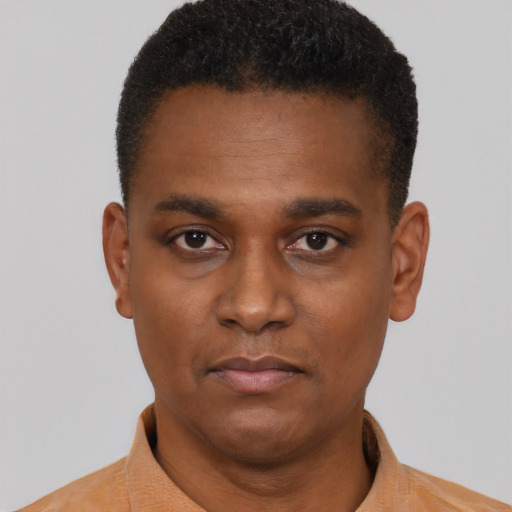Neutral black young-adult male with short  black hair and brown eyes