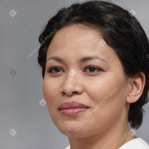 Joyful white young-adult female with medium  brown hair and brown eyes