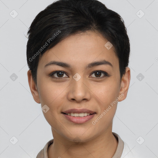 Joyful asian young-adult female with short  brown hair and brown eyes