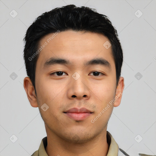 Neutral asian young-adult male with short  black hair and brown eyes