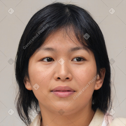 Neutral asian young-adult female with medium  brown hair and brown eyes