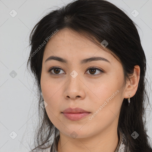 Neutral asian young-adult female with long  brown hair and brown eyes