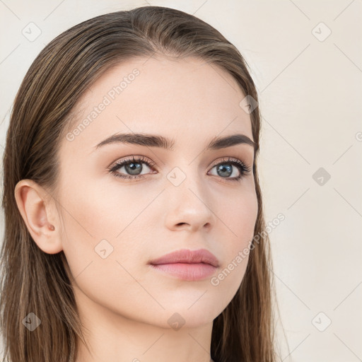 Neutral white young-adult female with long  brown hair and brown eyes