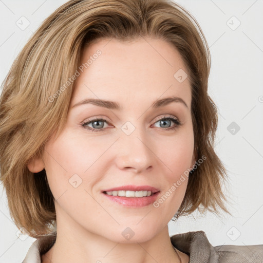 Joyful white young-adult female with medium  brown hair and blue eyes