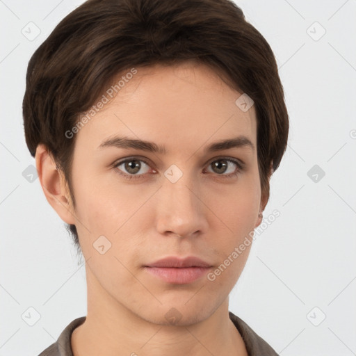 Neutral white young-adult female with short  brown hair and brown eyes