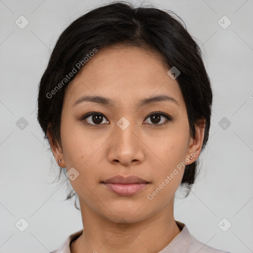 Neutral asian young-adult female with short  black hair and brown eyes