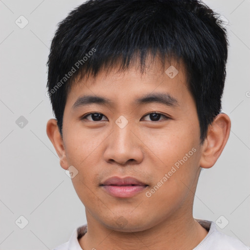 Neutral asian young-adult male with short  black hair and brown eyes
