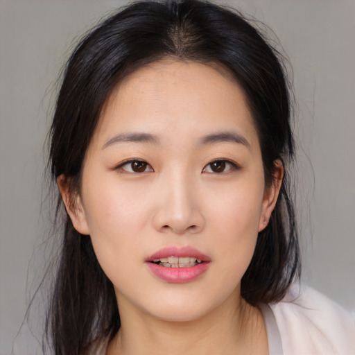 Neutral asian young-adult female with medium  black hair and brown eyes