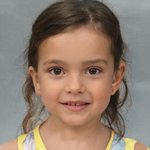 Joyful white child female with medium  brown hair and brown eyes