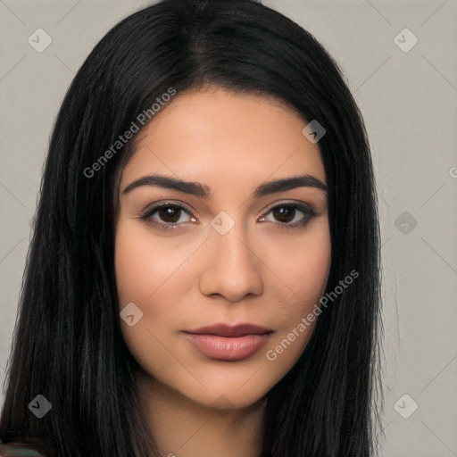 Joyful latino young-adult female with long  black hair and brown eyes