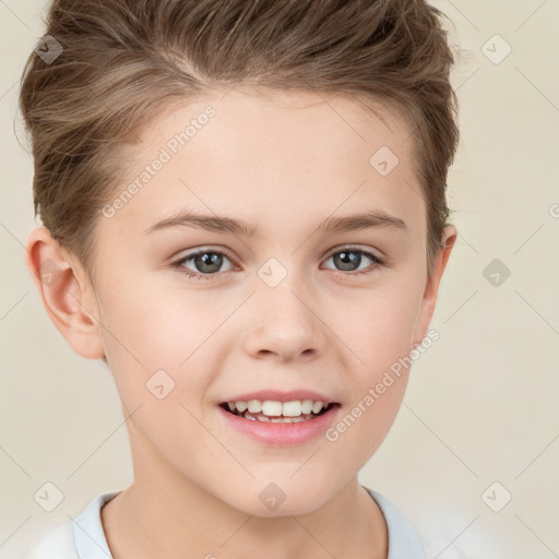 Joyful white child female with short  brown hair and brown eyes