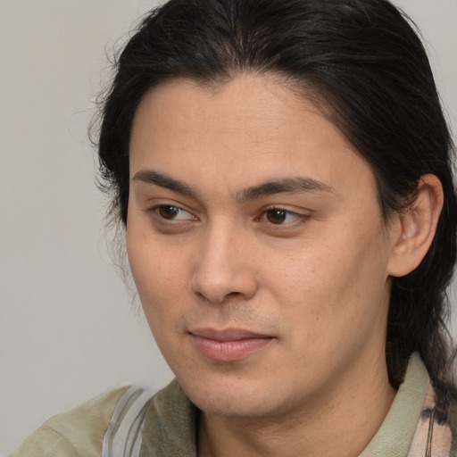 Joyful white young-adult male with medium  brown hair and brown eyes