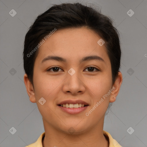 Joyful asian young-adult female with short  brown hair and brown eyes