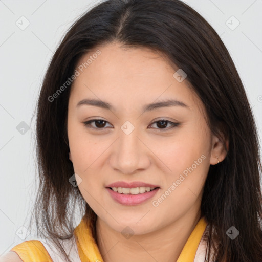 Joyful asian young-adult female with long  brown hair and brown eyes