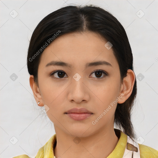 Neutral asian young-adult female with medium  brown hair and brown eyes