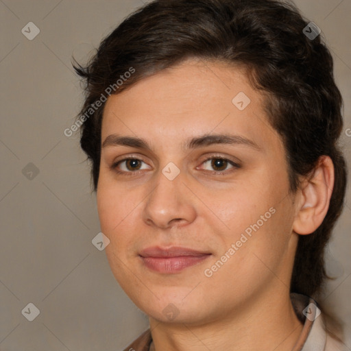 Joyful white young-adult female with medium  brown hair and brown eyes