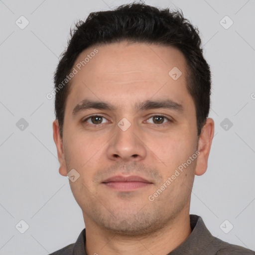 Neutral white young-adult male with short  brown hair and brown eyes
