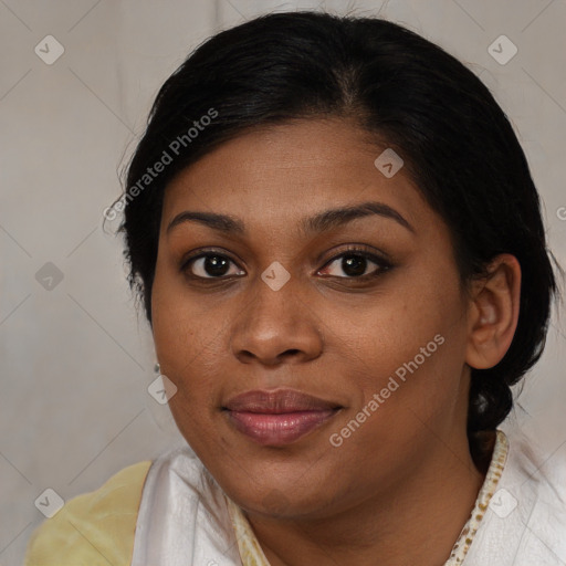 Joyful black young-adult female with medium  brown hair and brown eyes