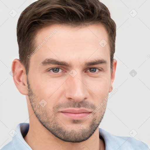 Neutral white young-adult male with short  brown hair and grey eyes