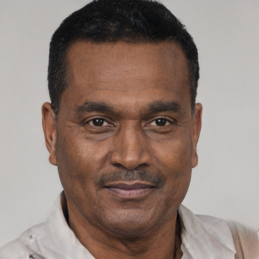 Joyful black adult male with short  black hair and brown eyes