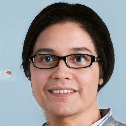 Joyful white young-adult female with short  brown hair and blue eyes