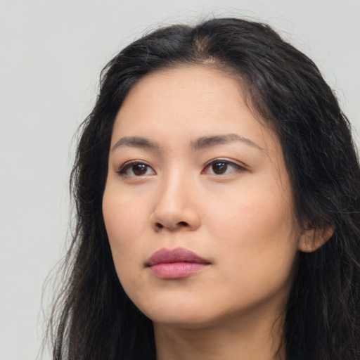 Neutral asian young-adult female with long  brown hair and brown eyes