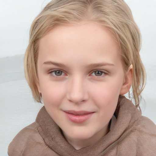 Joyful white child female with medium  brown hair and grey eyes