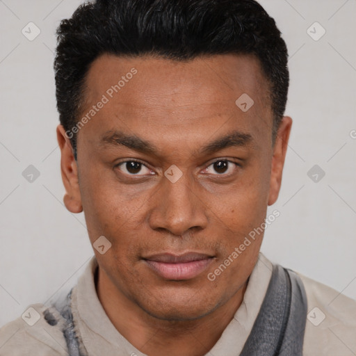 Joyful latino young-adult male with short  brown hair and brown eyes