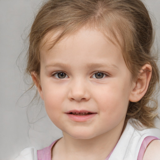 Joyful white child female with medium  brown hair and blue eyes