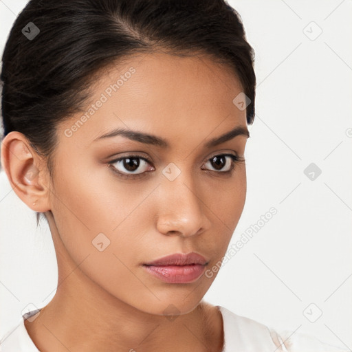 Neutral white young-adult female with medium  brown hair and brown eyes