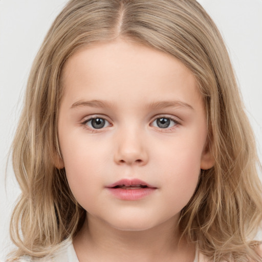 Neutral white child female with medium  brown hair and blue eyes