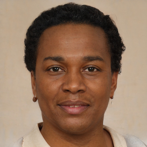 Joyful black adult male with short  black hair and brown eyes