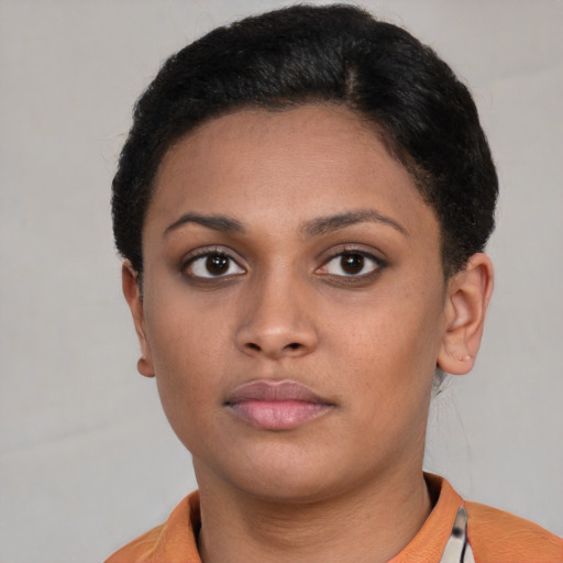 Neutral asian young-adult female with short  brown hair and brown eyes