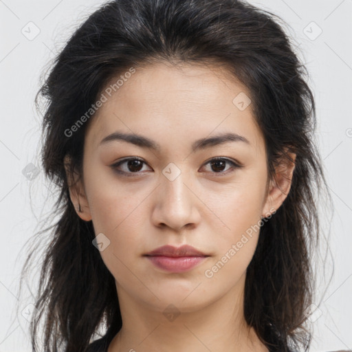 Neutral asian young-adult female with long  brown hair and brown eyes