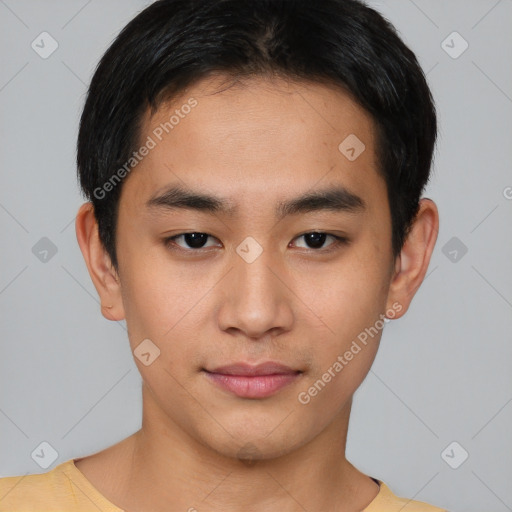 Neutral asian young-adult male with short  black hair and brown eyes