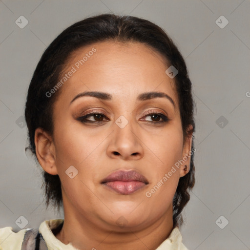 Joyful latino adult female with medium  brown hair and brown eyes