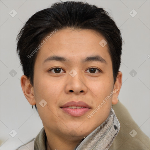 Joyful asian young-adult male with short  brown hair and brown eyes