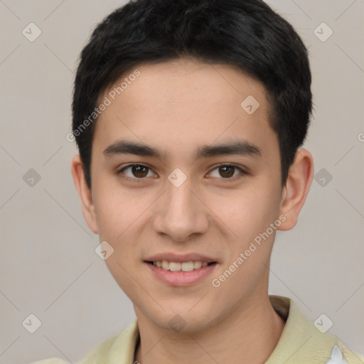 Joyful white young-adult male with short  black hair and brown eyes