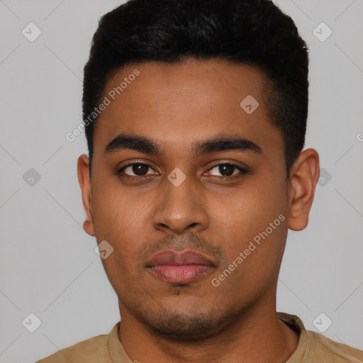 Neutral latino young-adult male with short  black hair and brown eyes
