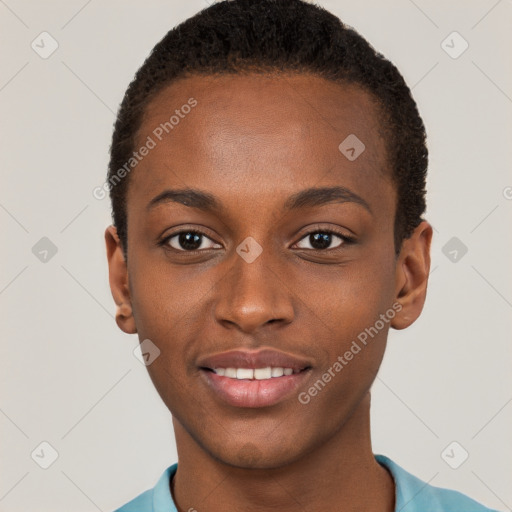 Joyful black young-adult female with short  brown hair and brown eyes