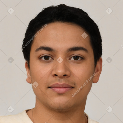Neutral latino young-adult male with short  black hair and brown eyes