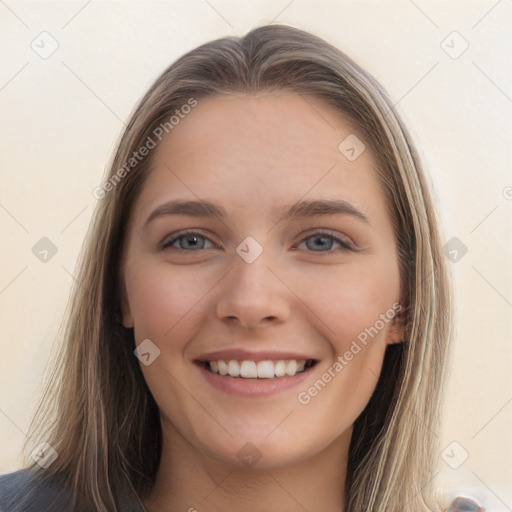 Joyful white young-adult female with long  brown hair and grey eyes