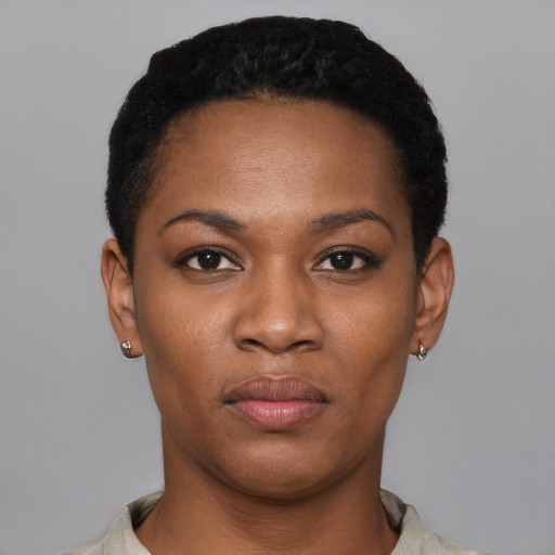 Neutral black young-adult female with short  black hair and brown eyes