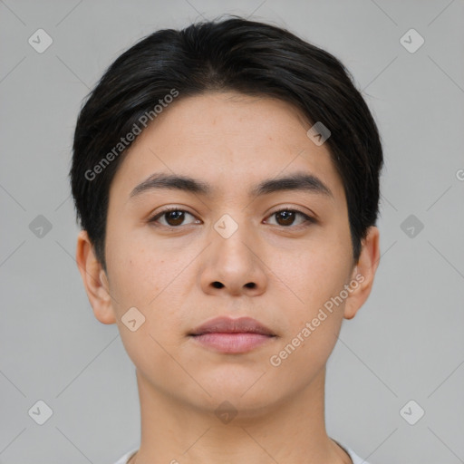 Neutral asian young-adult male with short  brown hair and brown eyes