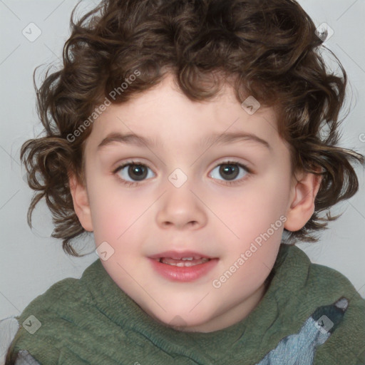 Joyful white child female with medium  brown hair and blue eyes