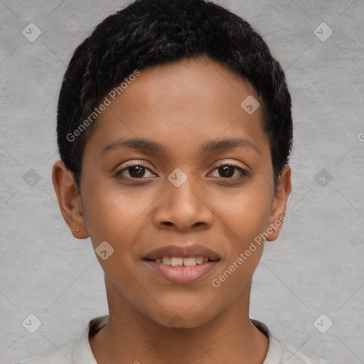 Joyful latino young-adult female with short  brown hair and brown eyes