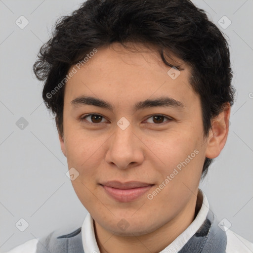 Joyful latino young-adult male with short  brown hair and brown eyes