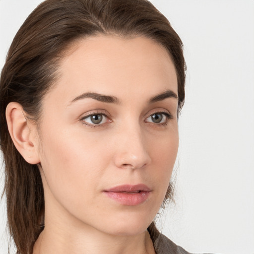 Neutral white young-adult female with long  brown hair and grey eyes