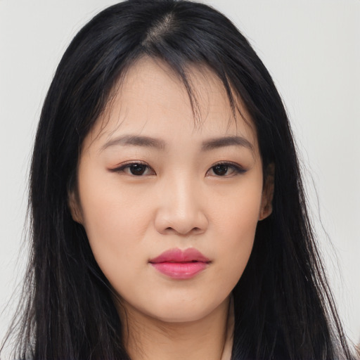 Neutral asian young-adult female with long  black hair and brown eyes