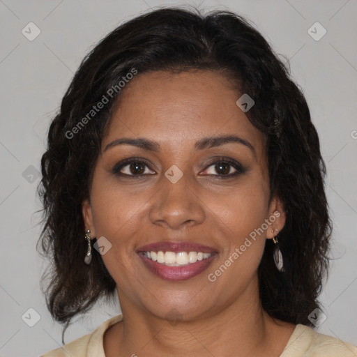 Joyful black young-adult female with medium  brown hair and brown eyes